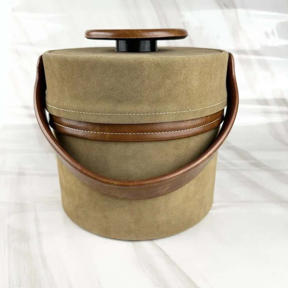 Vintage MCM Elmar Mfg Ice Bucket Brown Faux Suede & Vinyl